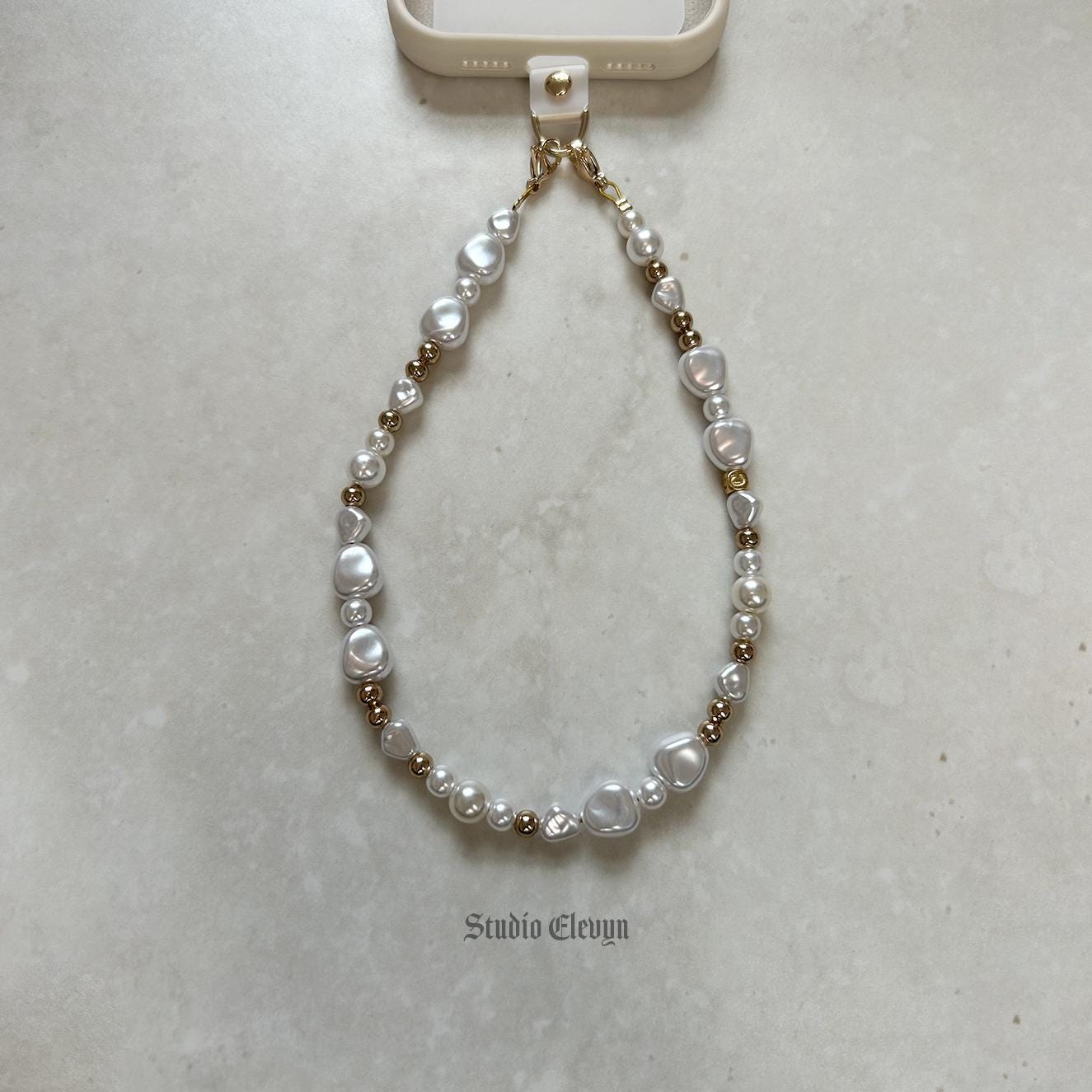 Pearl |  Beaded Gold Phone Strap with Insert - Universal Fit